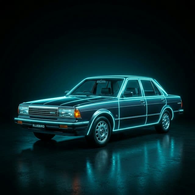 AI-generated illustrative artwork inspired by the Nissan Bluebird era.