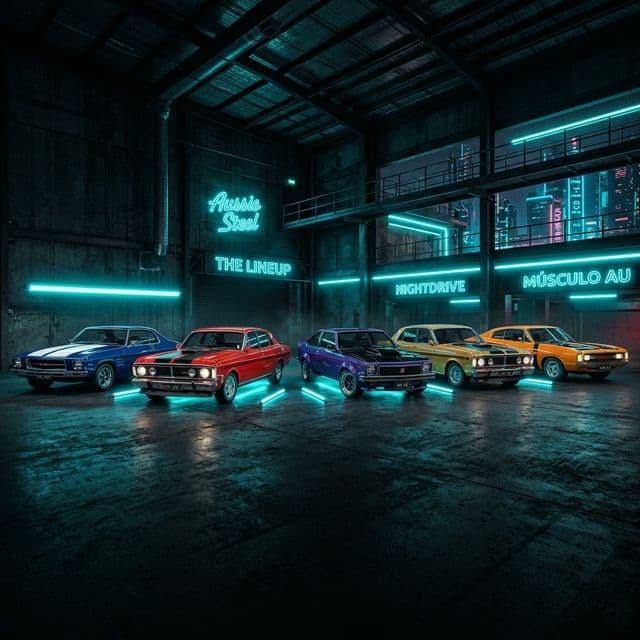 AI-generated illustrative artwork inspired by the a cinematic panorama of Australian-built sedans, coupes, and muscle cars.
