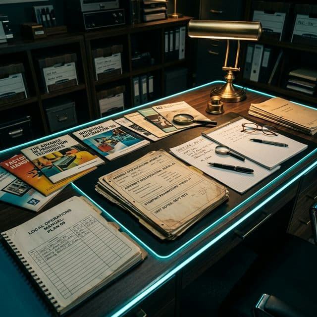 AI-generated illustrative artwork inspired by the an archive desk of brochures, factory reference cards, and local production notes.