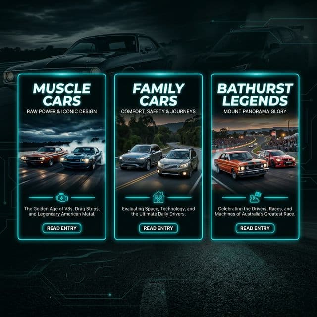 AI-generated illustrative artwork inspired by the three editorial entry points spanning muscle cars, family cars, and Bathurst legends.
