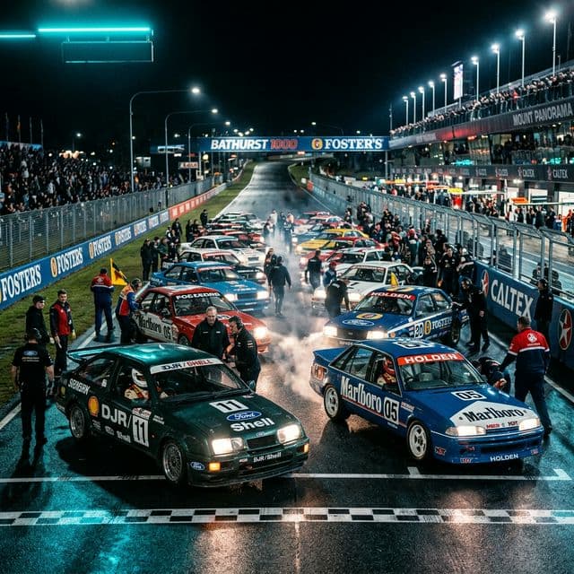 AI-generated illustrative artwork inspired by the Bathurst-grid atmosphere with homologation-era road cars and racing tension.