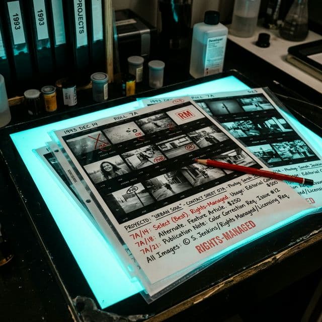 AI-generated illustrative artwork inspired by the a rights-managed light table with contact sheets, captions, and publication notes.