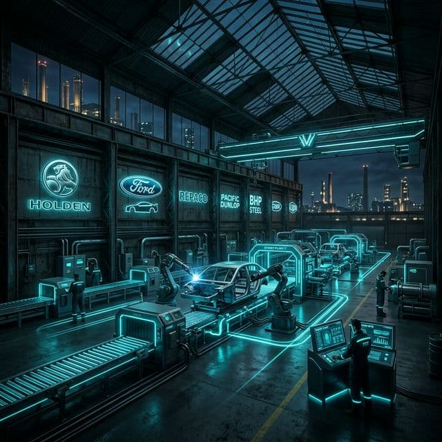 AI-generated illustrative artwork inspired by the factory skylines, assembly halls, and brand emblems from Australian manufacturers.