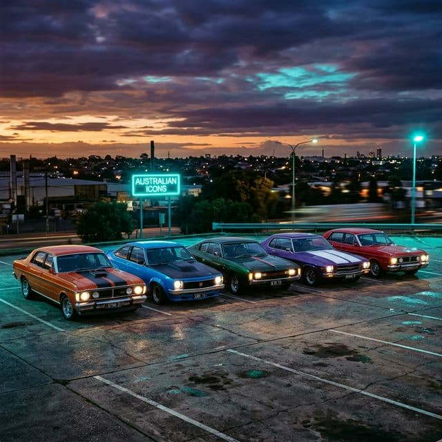 AI-generated illustrative artwork inspired by the a twilight lineup of Australian-built icons chosen to set the archive mood.