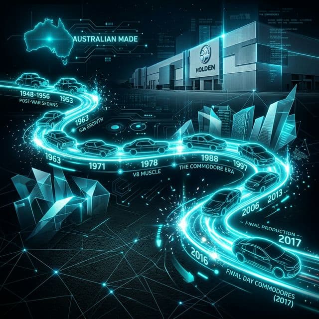 AI-generated illustrative artwork inspired by the decades of Australian car production flowing from post-war sedans to final-day Commodores.